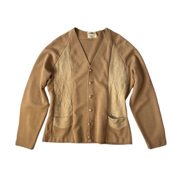 Vintage 70s Suede Knit Cardigan Sweater Patchwork Detail Camel Tan V-Neck M/L - Picture 1 of 15